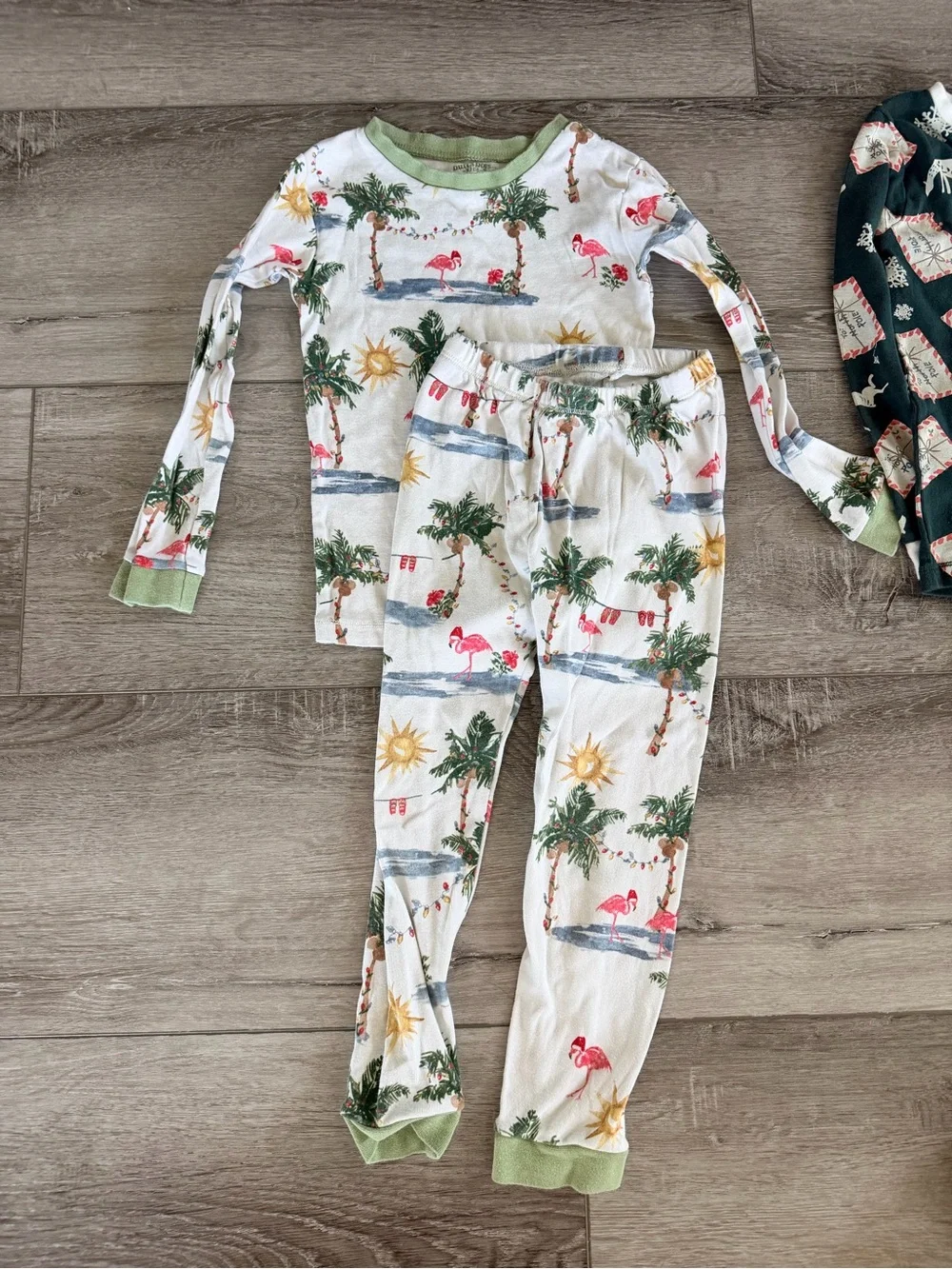 Burt's Bees Kids Pajama Set - White & Dark Green Tropical and Reindeer Prints